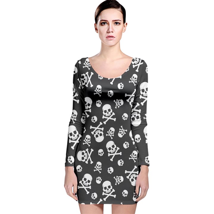 Skull Crossbones Seamless Pattern Holiday-halloween-wallpaper Wrapping Packing Backdrop Long Sleeve Velvet Bodycon Dress