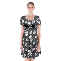 Skull Crossbones Seamless Pattern Holiday-halloween-wallpaper Wrapping Packing Backdrop Short Sleeve V-neck Flare Dress by Ravend