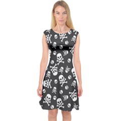 Skull Crossbones Seamless Pattern Holiday-halloween-wallpaper Wrapping Packing Backdrop Capsleeve Midi Dress by Ravend