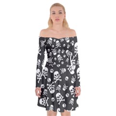 Skull Crossbones Seamless Pattern Holiday-halloween-wallpaper Wrapping Packing Backdrop Off Shoulder Skater Dress by Ravend