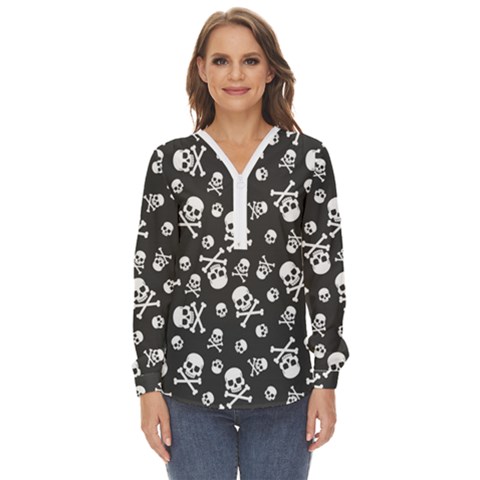 Skull Crossbones Seamless Pattern Holiday-halloween-wallpaper Wrapping Packing Backdrop Zip Up Long Sleeve Blouse by Ravend