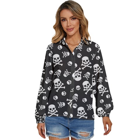 Skull Crossbones Seamless Pattern Holiday-halloween-wallpaper Wrapping Packing Backdrop Women s Long Sleeve Button Down Shirt by Ravend