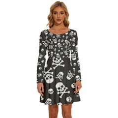 Skull Crossbones Seamless Pattern Holiday-halloween-wallpaper Wrapping Packing Backdrop Long Sleeve Wide Neck Velvet Dress by Ravend