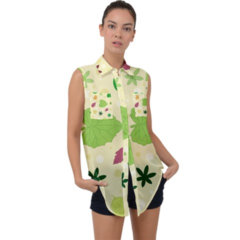 Leaves-140 Sleeveless Chiffon Button Shirt by nateshop