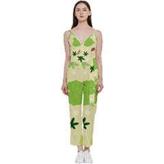 Leaves-140 V-neck Spaghetti Strap Tie Front Jumpsuit by nateshop