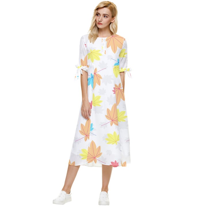 Leaves-141 Bow Sleeve Chiffon Midi Dress