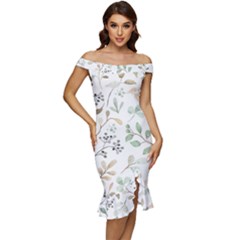 Leaves-147 Off Shoulder Ruffle Split Hem Bodycon Dress by nateshop