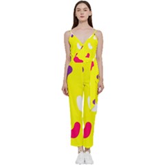 Pattern-yellow - 1 V-neck Spaghetti Strap Tie Front Jumpsuit by nateshop