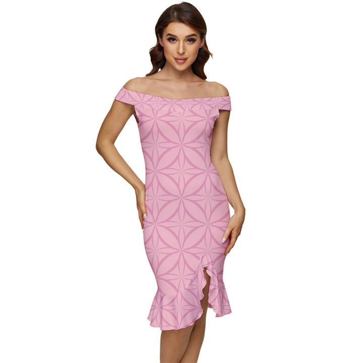 Pink-75 Off Shoulder Ruffle Split Hem Bodycon Dress