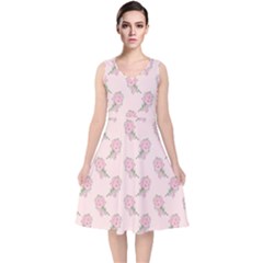 Flowers Bloom Blossom Pastel Pink Pattern V-neck Midi Sleeveless Dress 