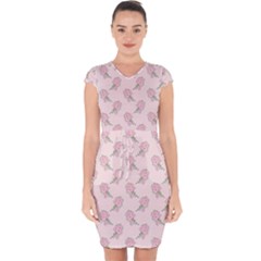 Flowers Bloom Blossom Pastel Pink Pattern Capsleeve Drawstring Dress 