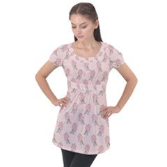 Flowers Bloom Blossom Pastel Pink Pattern Puff Sleeve Tunic Top