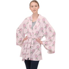 Flowers Bloom Blossom Pastel Pink Pattern Long Sleeve Velvet Kimono  by Jancukart