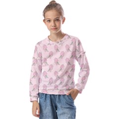 Flowers Bloom Blossom Pastel Pink Pattern Kids  Long Sleeve Tee With Frill 