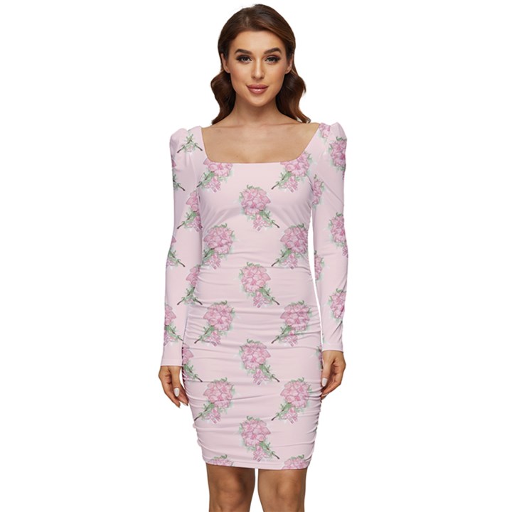 Flowers Bloom Blossom Pastel Pink Pattern Women Long Sleeve Ruched Stretch Jersey Dress