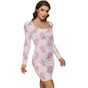 Flowers Bloom Blossom Pastel Pink Pattern Women Long Sleeve Ruched Stretch Jersey Dress View2