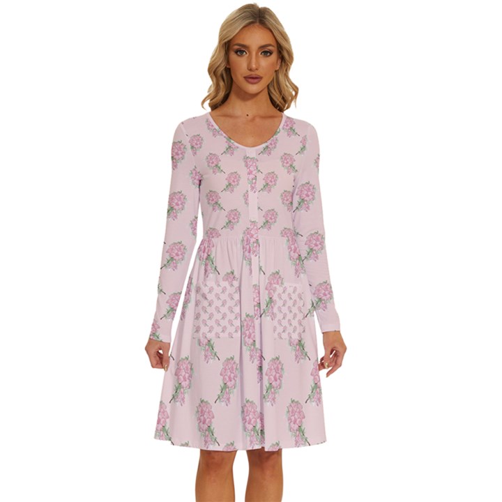 Flowers Bloom Blossom Pastel Pink Pattern Long Sleeve Dress With Pocket