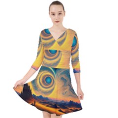 Ai Generated Surrealist Fantasy Dream Moon Space Quarter Sleeve Front Wrap Dress