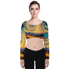 Ai Generated Surrealist Fantasy Dream Moon Space Velvet Long Sleeve Crop Top by Jancukart