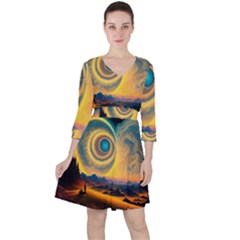 Ai Generated Surrealist Fantasy Dream Moon Space Quarter Sleeve Ruffle Waist Dress by Jancukart