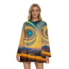 Ai Generated Surrealist Fantasy Dream Moon Space Round Neck Long Sleeve Bohemian Style Chiffon Mini Dress by Jancukart