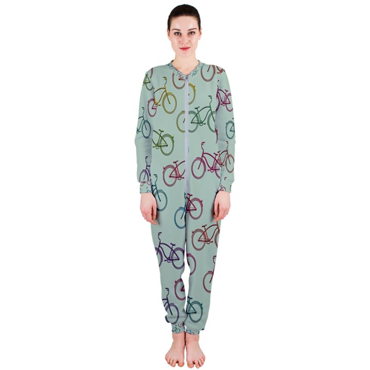 Bicycle Bikes Pattern Ride Wheel Cycle Icon OnePiece Jumpsuit (Ladies)