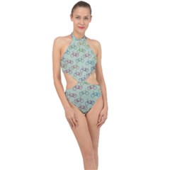 Bicycle Bikes Pattern Ride Wheel Cycle Icon Halter Side Cut Swimsuit