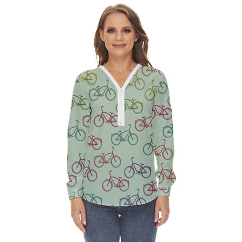 Bicycle Bikes Pattern Ride Wheel Cycle Icon Zip Up Long Sleeve Blouse by Jancukart