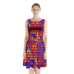 Geometric Pattern Colorful Fluorescent Background Sleeveless Waist Tie Chiffon Dress