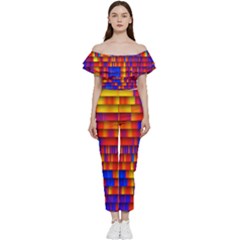 Geometric Pattern Colorful Fluorescent Background Off Shoulder Ruffle Top Jumpsuit