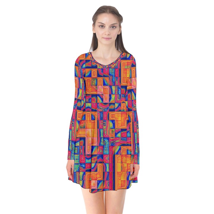 Background Graphic Beautiful Wallpaper Art Abstract Long Sleeve V-neck Flare Dress