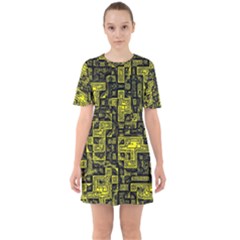 Background Graphic Beautiful Wallpaper Yellow Sixties Short Sleeve Mini Dress