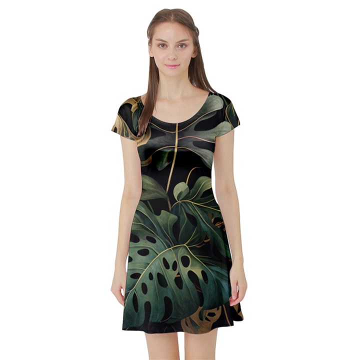 Tropical Leaves Leaf Foliage Monstera Nature Home Short Sleeve Skater Dress