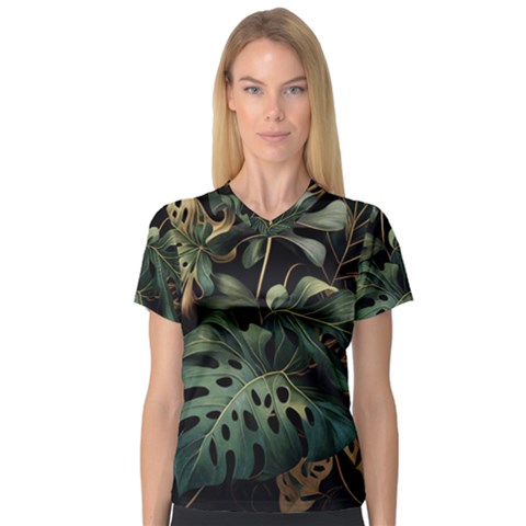 Tropical Leaves Leaf Foliage Monstera Nature Home V-neck Sport Mesh Tee by Jancukart