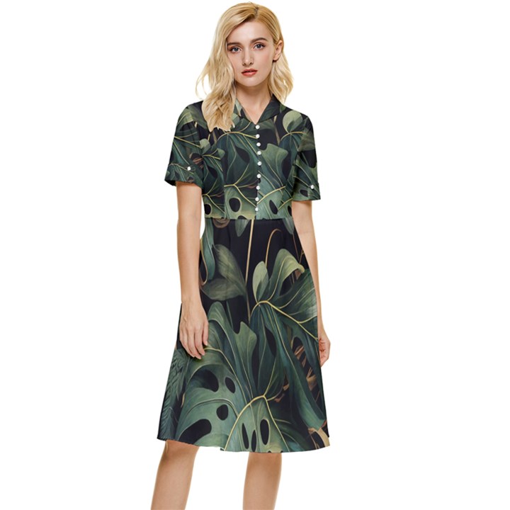 Tropical Leaves Leaf Foliage Monstera Nature Home Button Top Knee Length Dress