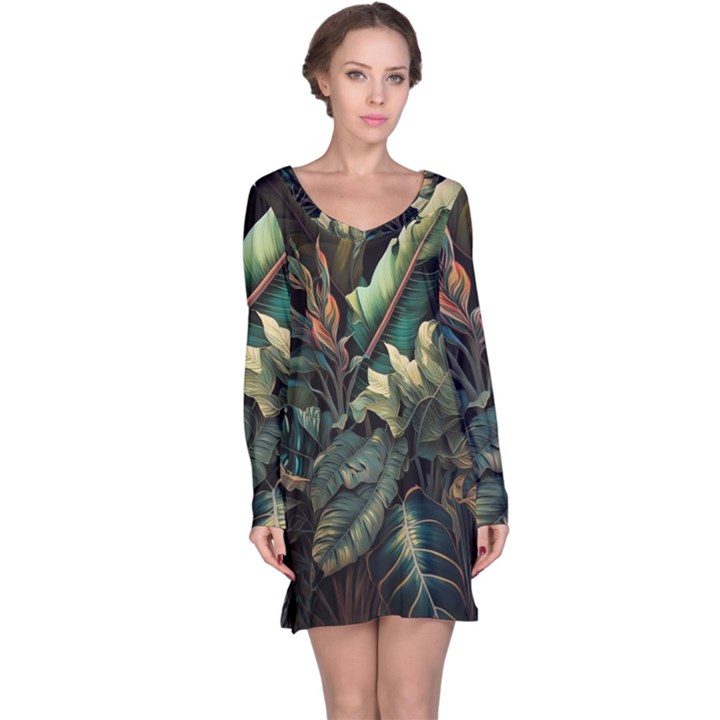 Tropical Leaf Leaves Foliage Monstera Nature Long Sleeve Nightdress