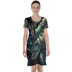 Tropical Leaf Leaves Foliage Monstera Nature Short Sleeve Nightdress