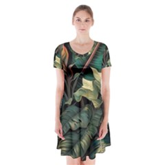 Tropical Leaf Leaves Foliage Monstera Nature Short Sleeve V-neck Flare Dress