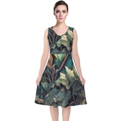 Tropical Leaf Leaves Foliage Monstera Nature V-neck Midi Sleeveless Dress 