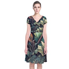 Tropical Leaf Leaves Foliage Monstera Nature Short Sleeve Front Wrap Dress