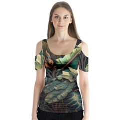 Tropical Leaf Leaves Foliage Monstera Nature Butterfly Sleeve Cutout Tee 