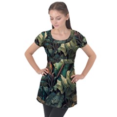 Tropical Leaf Leaves Foliage Monstera Nature Puff Sleeve Tunic Top