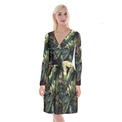 Tropical Leaf Leaves Foliage Monstera Nature Long Sleeve Velvet Front Wrap Dress