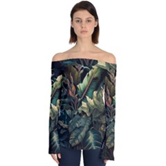 Tropical Leaf Leaves Foliage Monstera Nature Off Shoulder Long Sleeve Top by Jancukart