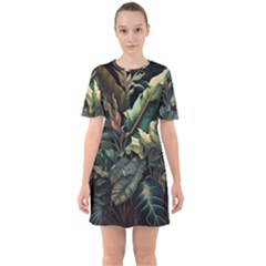 Tropical Leaf Leaves Foliage Monstera Nature Sixties Short Sleeve Mini Dress