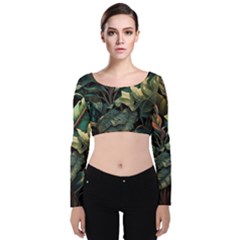 Tropical Leaf Leaves Foliage Monstera Nature Velvet Long Sleeve Crop Top