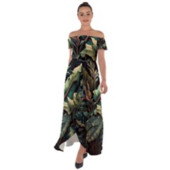 Tropical Leaf Leaves Foliage Monstera Nature Off Shoulder Open Front Chiffon Dress by Jancukart