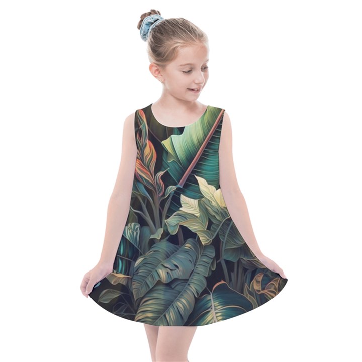 Tropical Leaf Leaves Foliage Monstera Nature Kids  Summer Dress