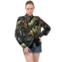 Tropical Leaf Leaves Foliage Monstera Nature High Neck Long Sleeve Chiffon Top by Jancukart