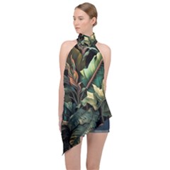 Tropical Leaf Leaves Foliage Monstera Nature Halter Asymmetric Satin Top